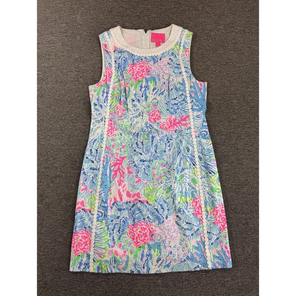 Lilly Pulitzer Dresses & Skirts - Lilly Pulitzer Dress Womens 12 Blue Pink Tropical Mila Shift Eyelet Trim